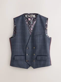 Blue Tailored Fit Trimmed Check Suit Waistcoat