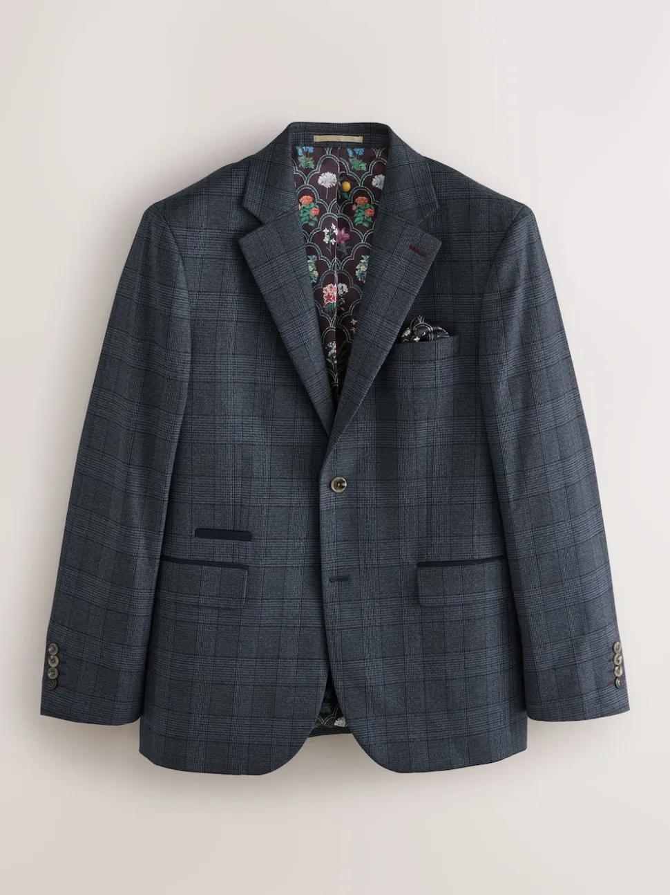 Blue Tailored Fit Trimmed Check Suit Jacket