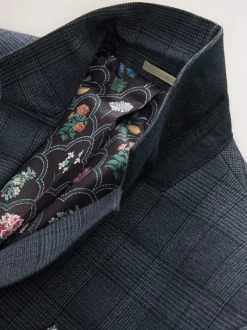 Blue Tailored Fit Trimmed Check Suit Jacket