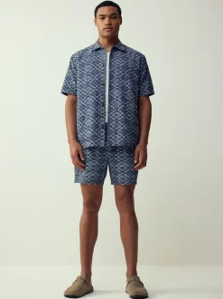 Blue Textured Navajo Style Short Sleeve Shirt