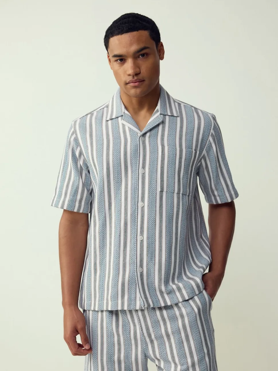Blue Textured Stripe Short Sleeve Shirt