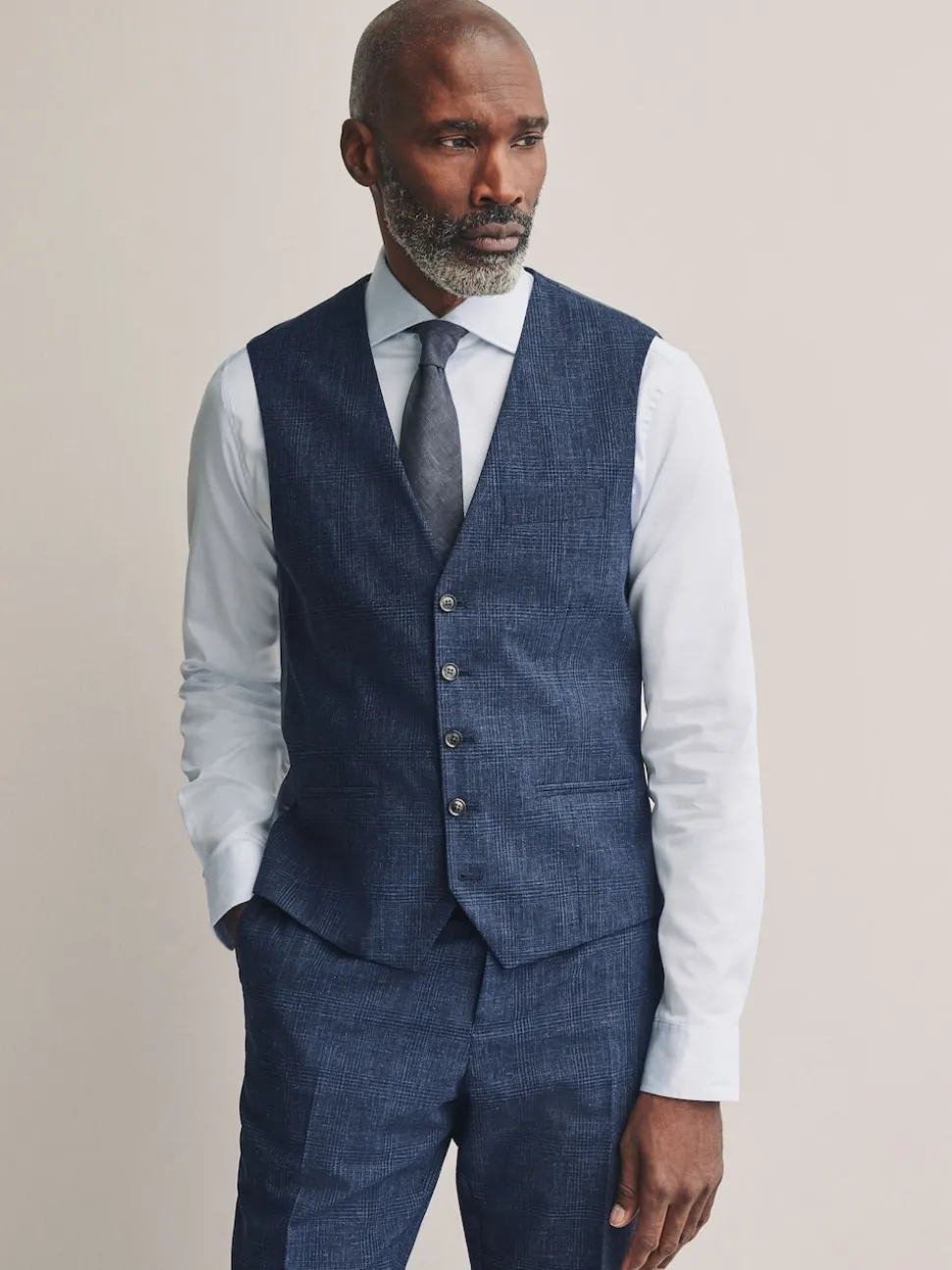 Blue Tollegno Linen Blend Check Suit Waistcoat