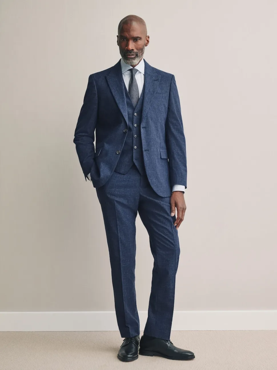 Blue Tollegno Linen Blend Check Suit Waistcoat
