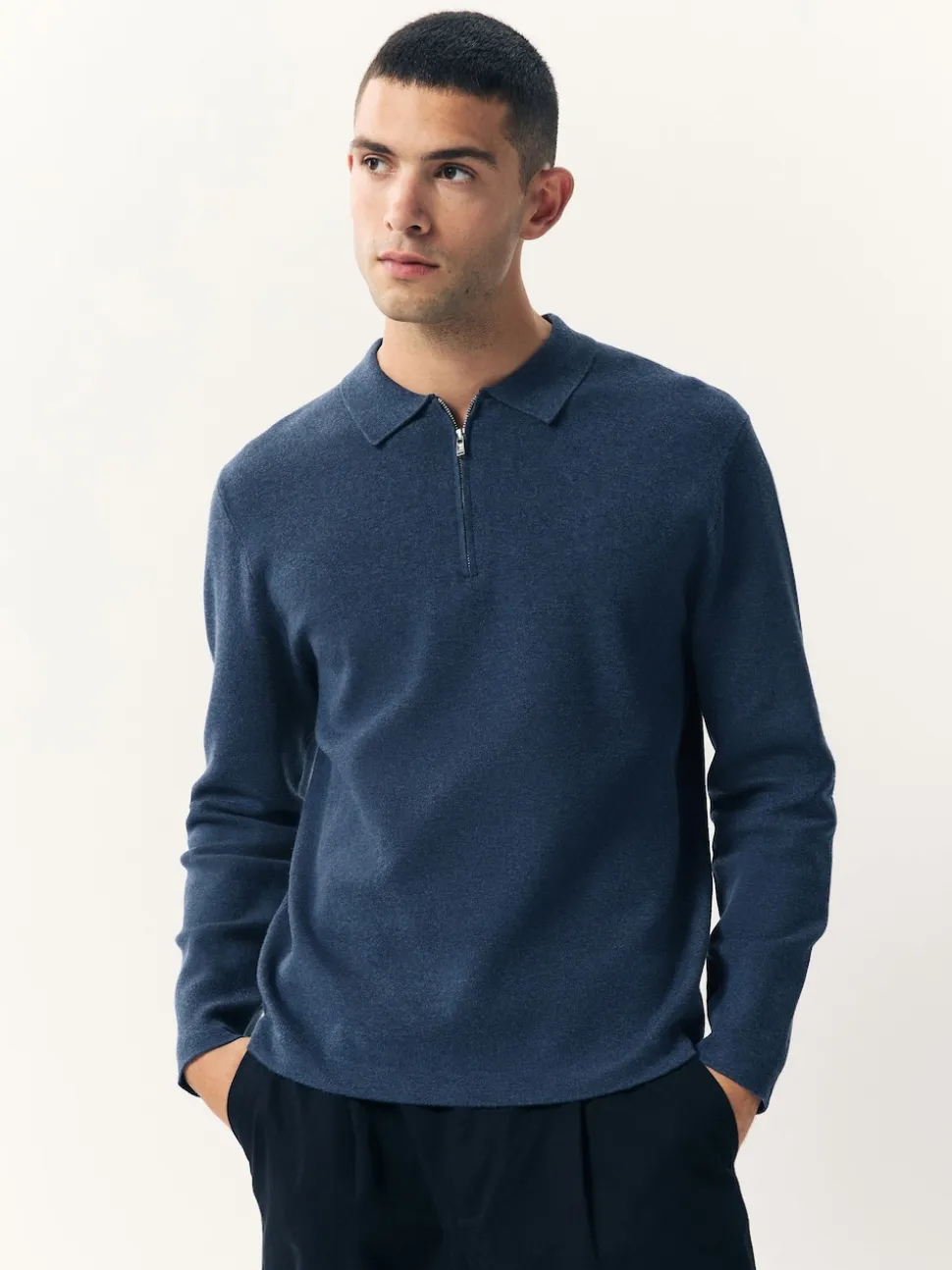 Blue Zip Neck N.Premium Regular Fit Premium Mid Weight Long Sleeve Knit Polo Shirt