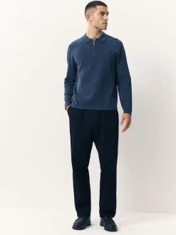 Blue Zip Neck N.Premium Regular Fit Premium Mid Weight Long Sleeve Knit Polo Shirt