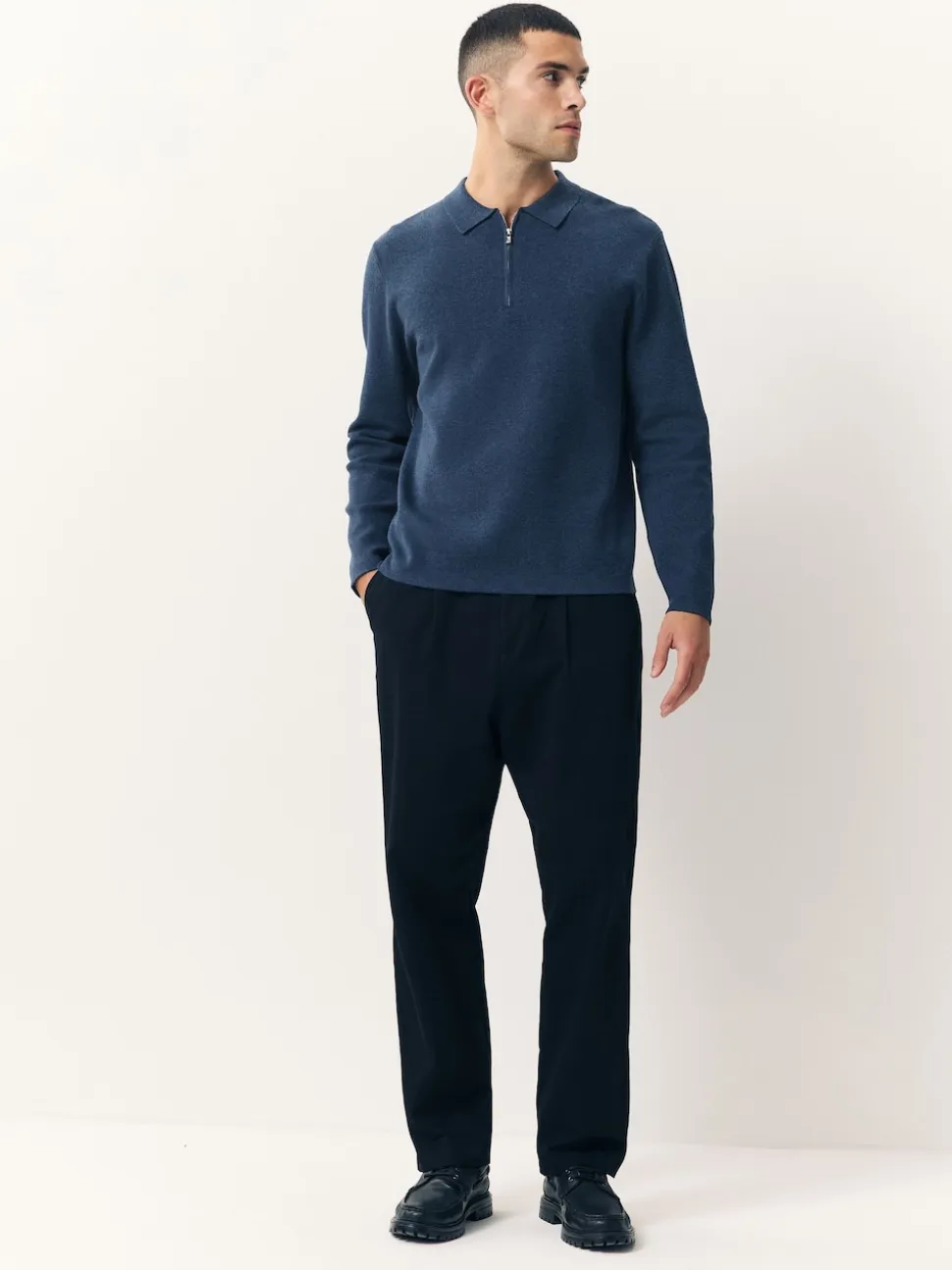 Blue Zip Neck N.Premium Regular Fit Premium Mid Weight Long Sleeve Knit Polo Shirt