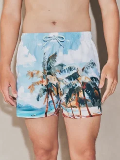 Blue/Green EDIT Tropical Scenic Print Swim Shorts