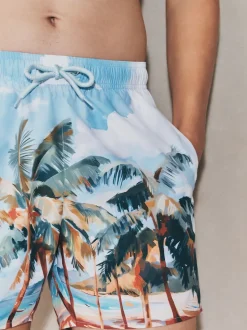 Blue/Green EDIT Tropical Scenic Print Swim Shorts