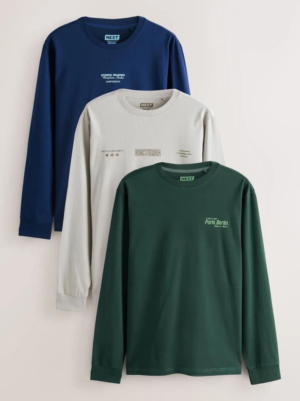 Blue/Green/Stone Relaxed Fit Long Sleeve Graphic Multipack T-Shirt