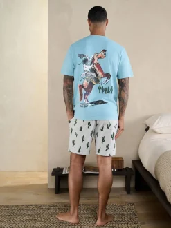 Blue/Grey Terry Urban Short Sleeve Jersey Pyjamas Set