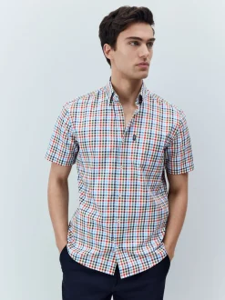 Blue/Red Gingham Easy Iron Button Down Short Sleeve Oxford Shirt