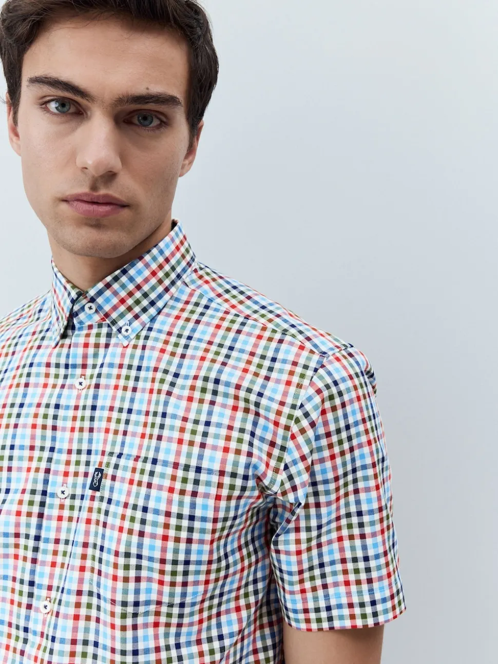 Blue/Red Gingham Easy Iron Button Down Short Sleeve Oxford Shirt