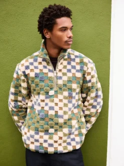 Blue/Tan Checkerboard Zip Neck Printed Fleece