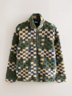 Blue/Tan Checkerboard Zip Neck Printed Fleece