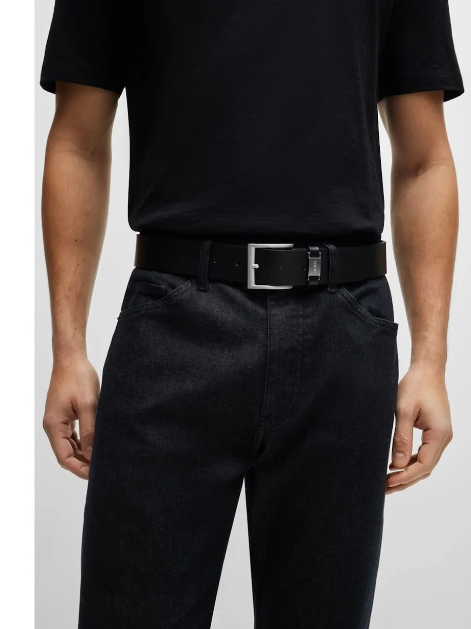 BOSS Black Brushed Metal Leather Belt