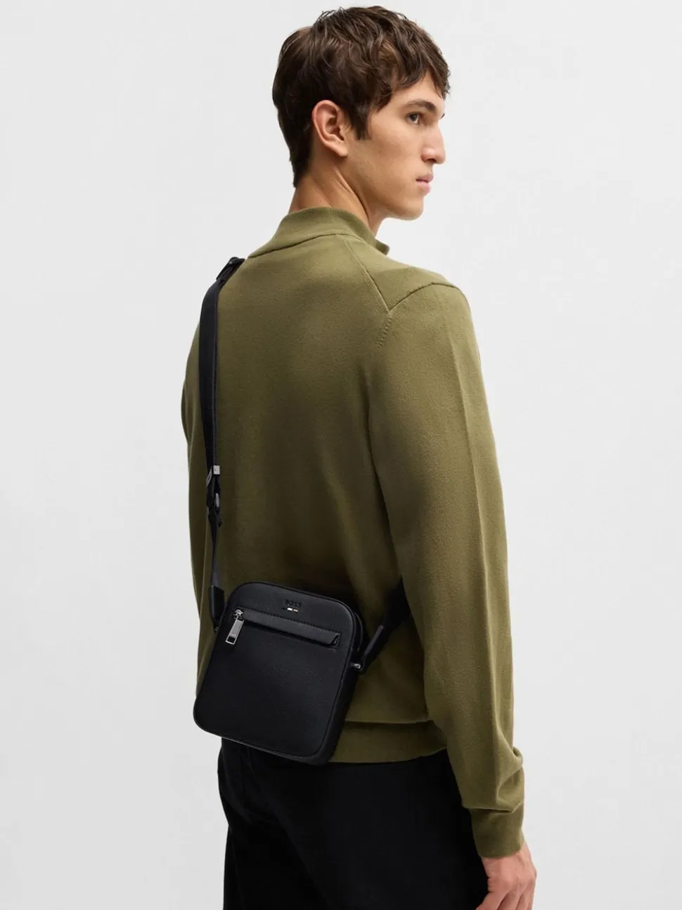 BOSS Black Grained Faux Fur Leather Reporter Bag