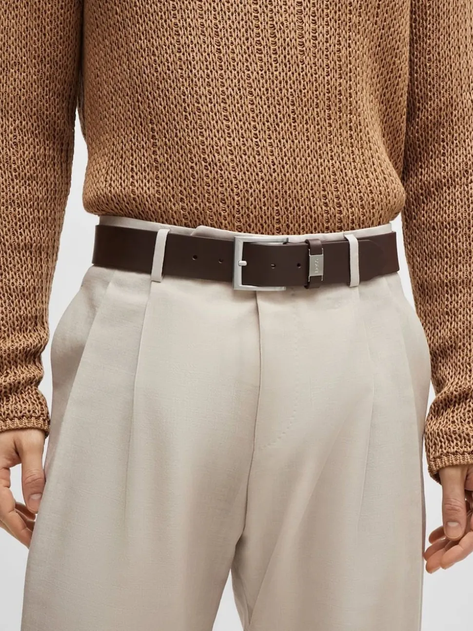 BOSS Brown Brushed Metal Leather Belt