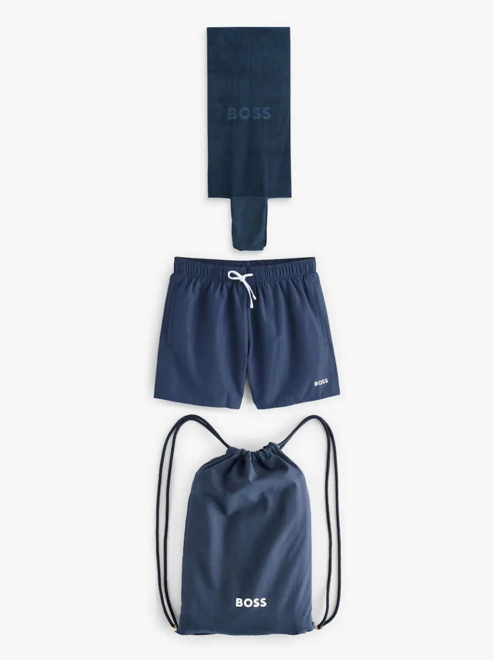 BOSS Navy Swim Shorts, Bag, Towel Beach Gift Set