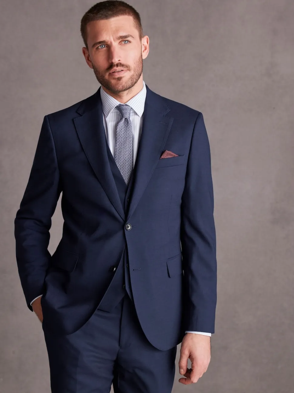 Bright Blue Slim Fit Signature Tollegno Italian Wool Textured Suit Jacket