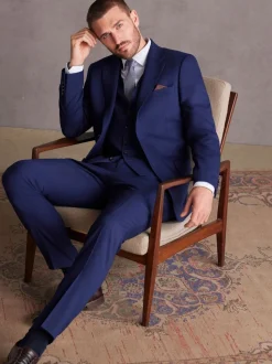 Bright Blue Slim Fit Signature Tollegno Italian Wool Textured Suit Jacket