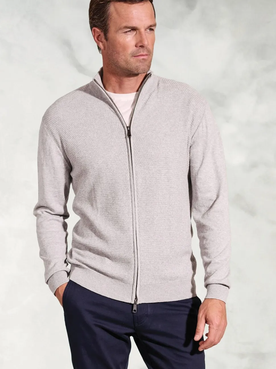 Brook Taverner Grey Ripple Stitch Zip Through 100% Cotton Cardigan