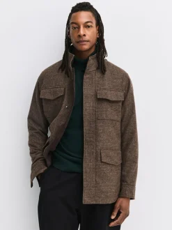 Brown Check Wool Rich Four Pocket Funnel Neck Coat