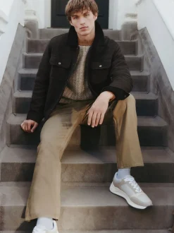 Brown Cord Collar Herringbone Wool Blend Trucker Jacket