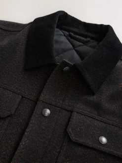 Brown Cord Collar Herringbone Wool Blend Trucker Jacket