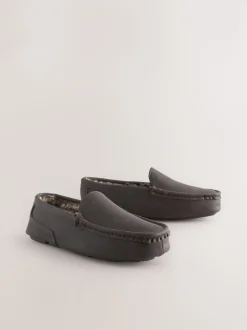 Brown Faux Fur Lined Moccasin Slippers