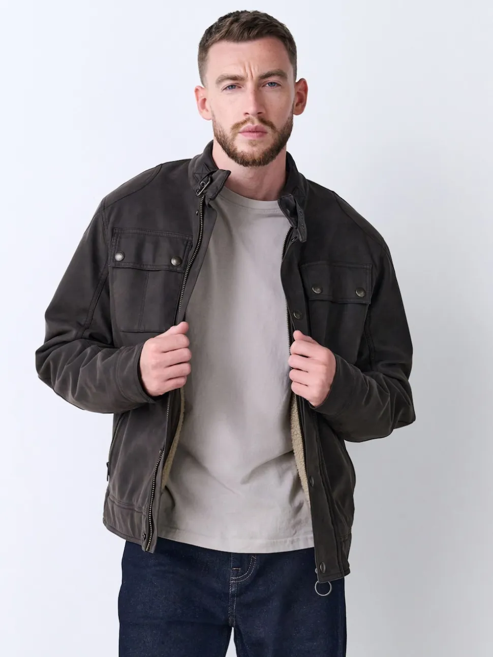 Brown Faux Leather Borg Lined 4 Pocket Biker Jacket