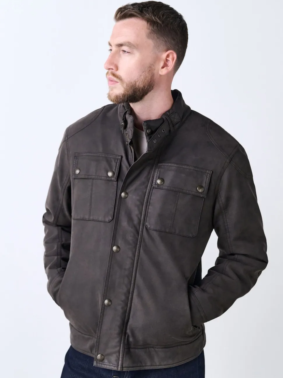 Brown Faux Leather Borg Lined 4 Pocket Biker Jacket