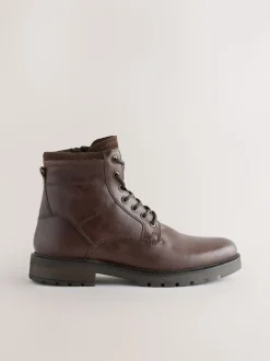 Brown Leather Zip-Up Borg Lined Boots