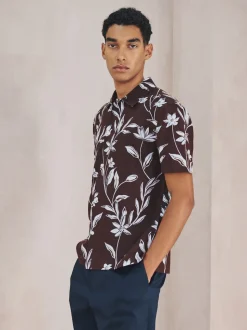 Brown Linen Tencel Blend Floral Print Short Sleeve Shirt