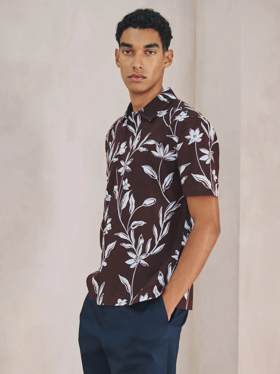Brown Linen Tencel Blend Floral Print Short Sleeve Shirt