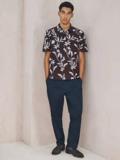 Brown Linen Tencel Blend Floral Print Short Sleeve Shirt