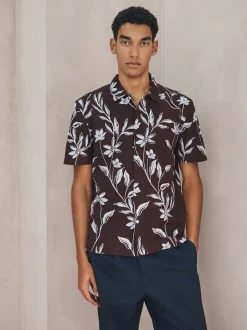 Brown Linen Tencel Blend Floral Print Short Sleeve Shirt