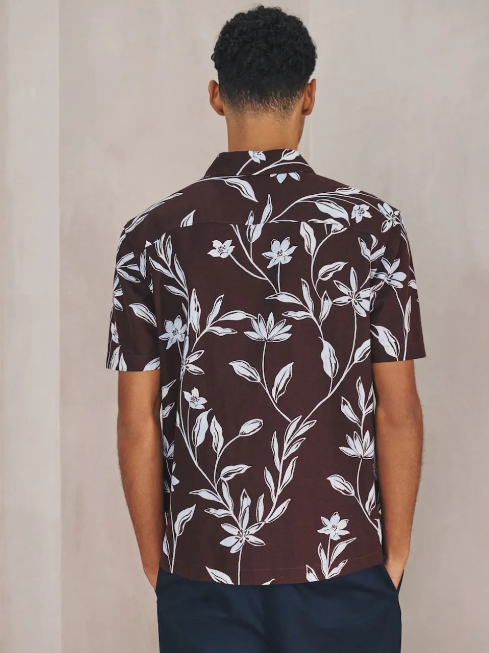 Brown Linen Tencel Blend Floral Print Short Sleeve Shirt