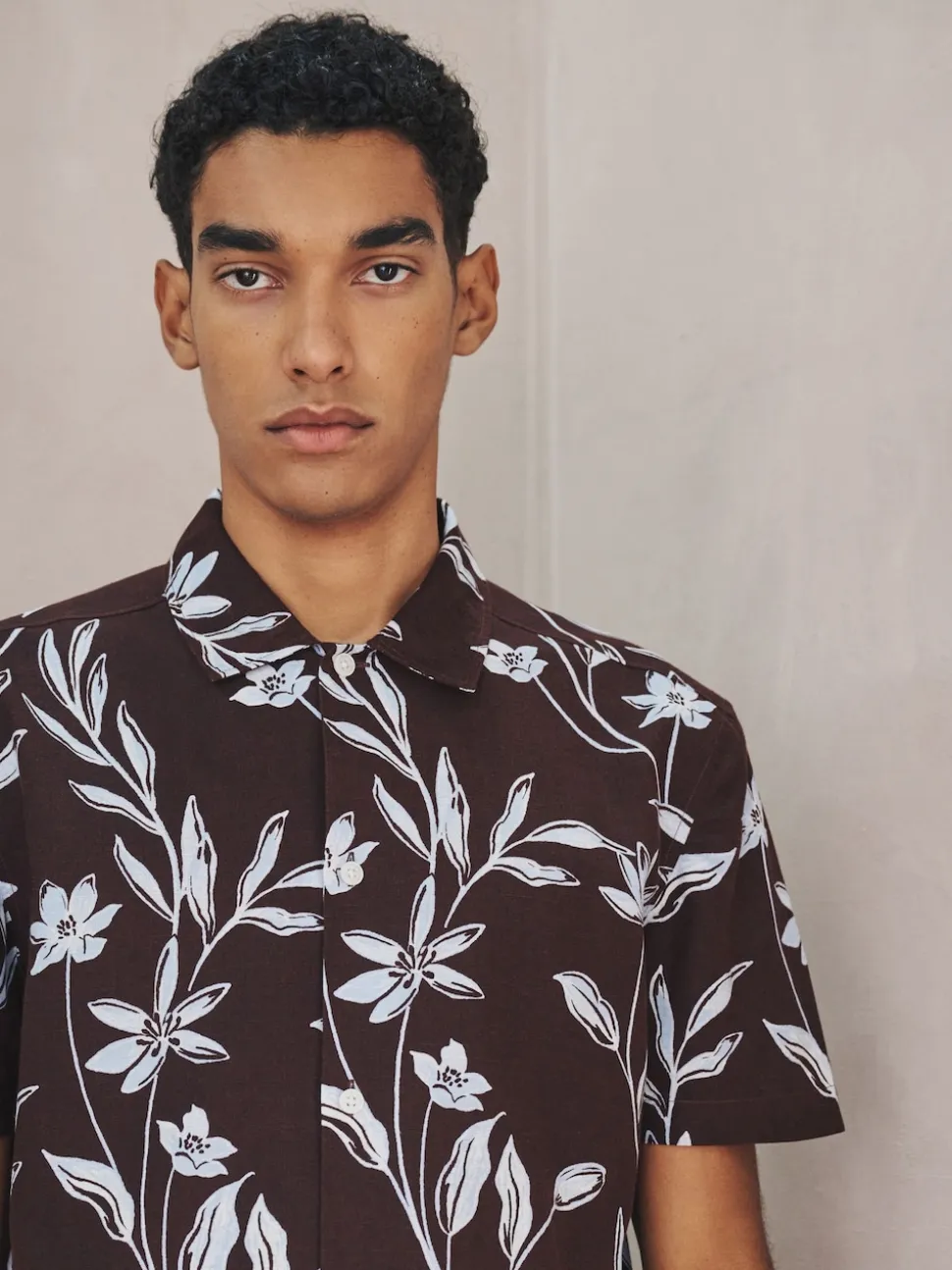 Brown Linen Tencel Blend Floral Print Short Sleeve Shirt