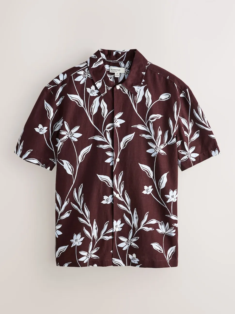 Brown Linen Tencel Blend Floral Print Short Sleeve Shirt
