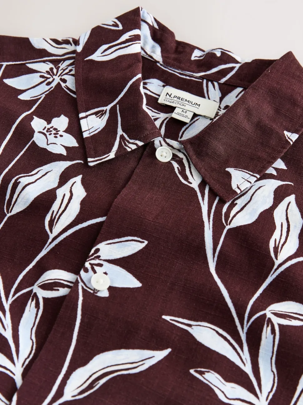 Brown Linen Tencel Blend Floral Print Short Sleeve Shirt