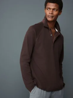 Brown Long Sleeve Textured Waffle Long Sleeve Polo Shirt