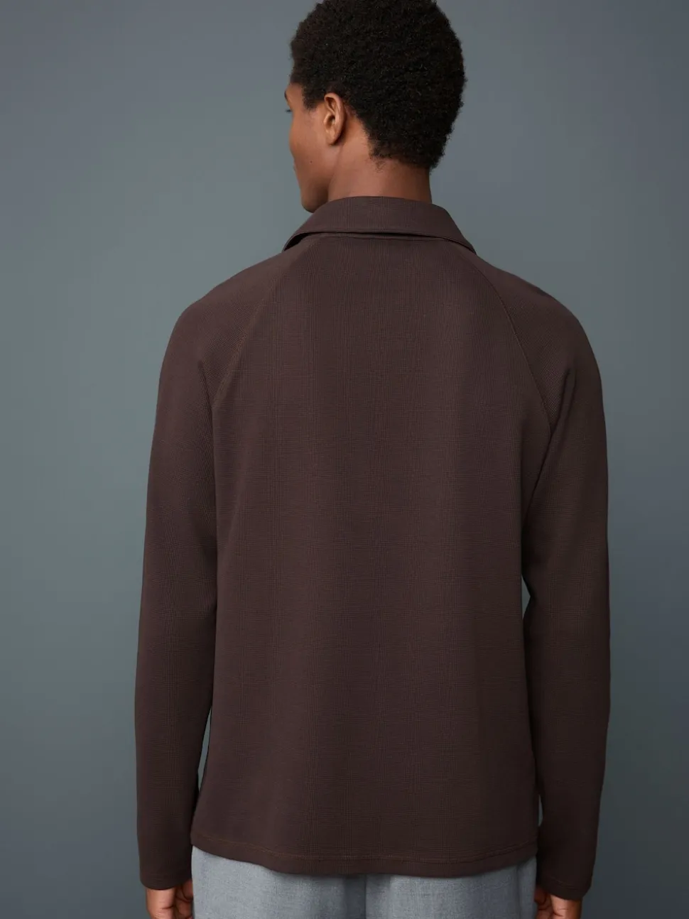 Brown Long Sleeve Textured Waffle Long Sleeve Polo Shirt