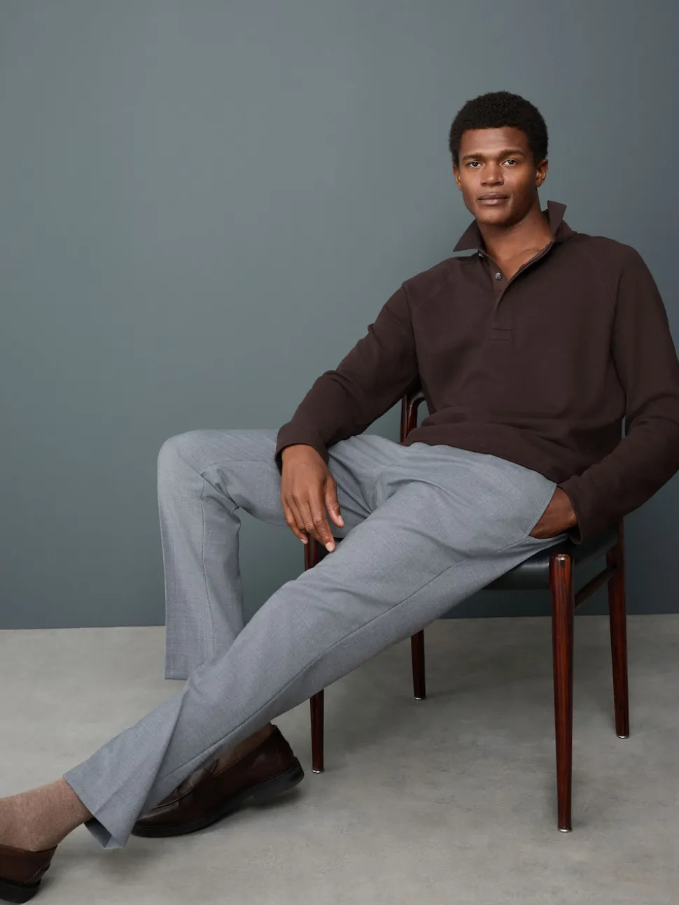 Brown Long Sleeve Textured Waffle Long Sleeve Polo Shirt