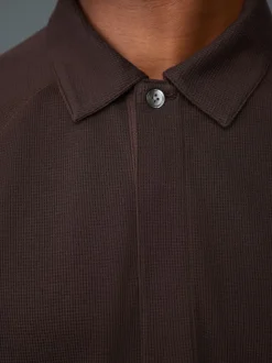 Brown Long Sleeve Textured Waffle Long Sleeve Polo Shirt