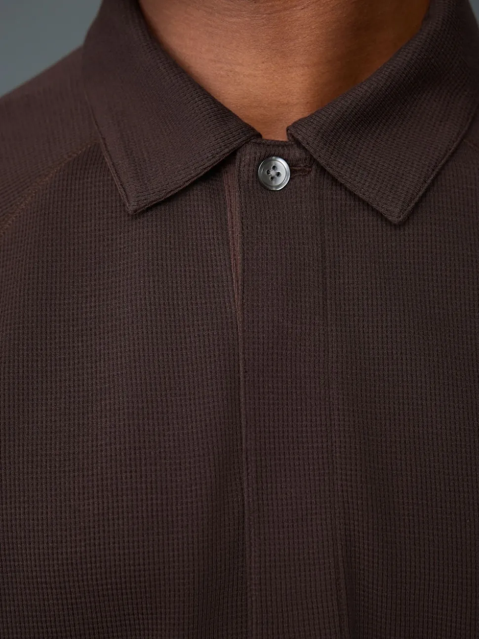 Brown Long Sleeve Textured Waffle Long Sleeve Polo Shirt