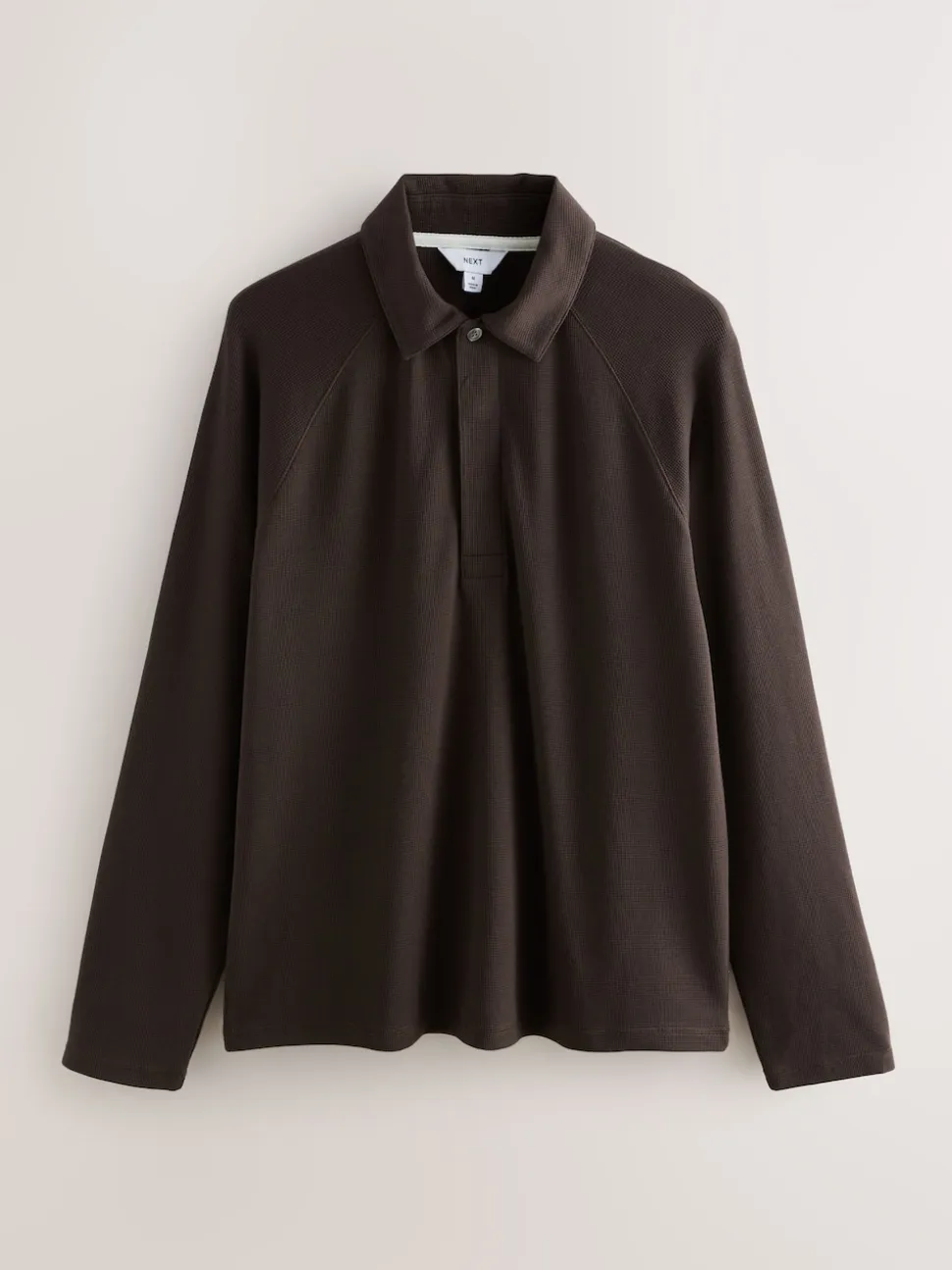 Brown Long Sleeve Textured Waffle Long Sleeve Polo Shirt