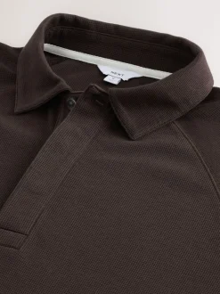 Brown Long Sleeve Textured Waffle Long Sleeve Polo Shirt
