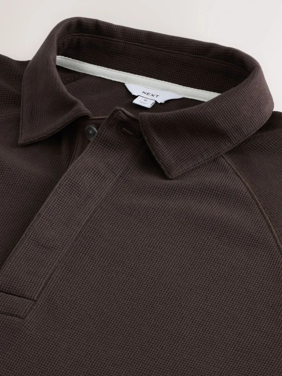 Brown Long Sleeve Textured Waffle Long Sleeve Polo Shirt