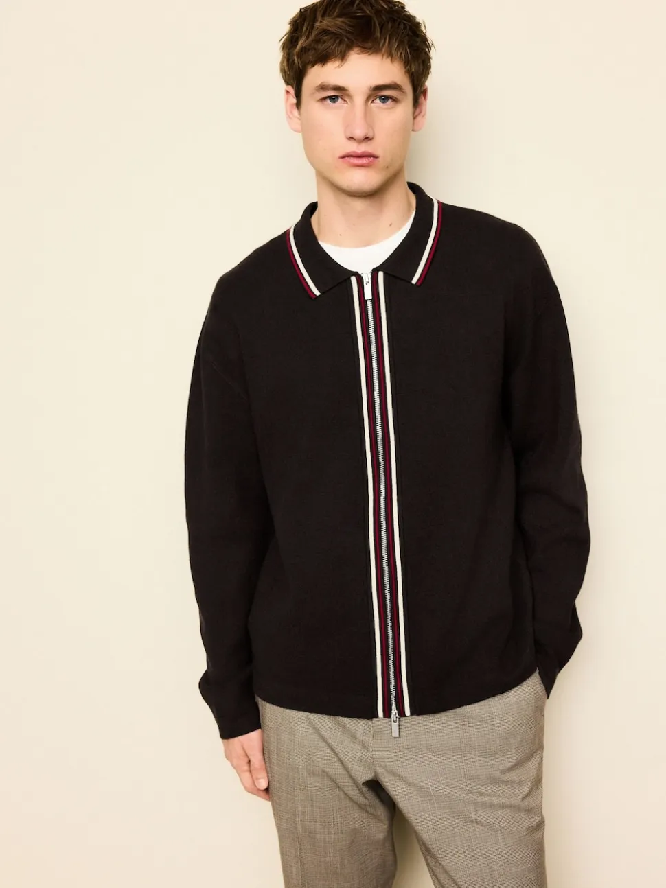 Brown N.Premium Regular Fit Mid Weight Tipped Zip Through Collared Cardigan