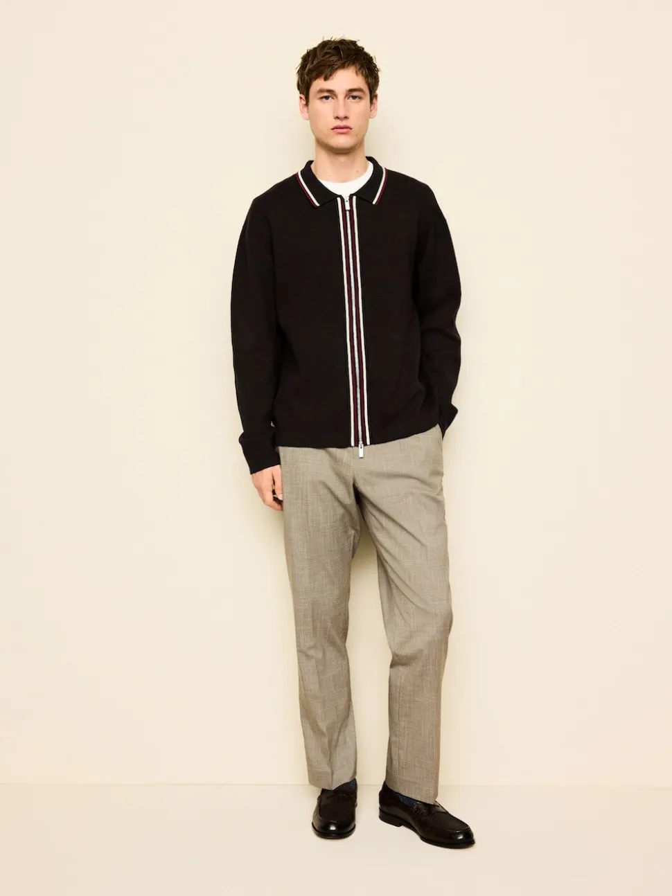 Brown N.Premium Regular Fit Mid Weight Tipped Zip Through Collared Cardigan